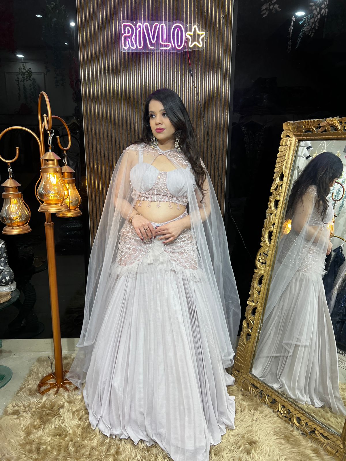 Elegant Ivory Pink Pleated Lehnega With Cape AC48