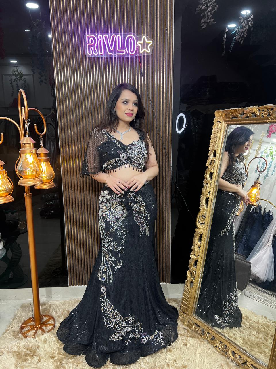 Black Embroidered Lehenga Set with Statement Blouse AC51