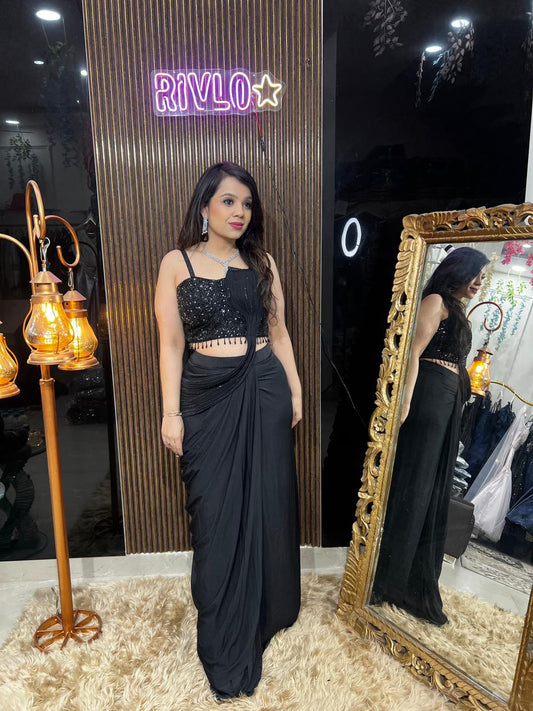 Black And Deep Navy Blue Pre-Draped Saree with Sequin Embellished Blouse AC55