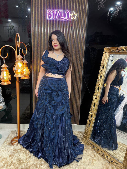 Midnight Blue Embroidered Lehenga Set with Sculpted Blouse AC52