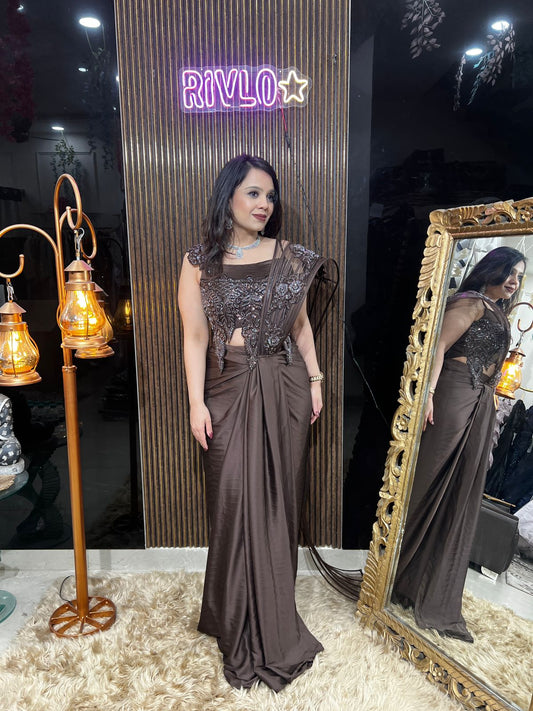 🤎✨ Mocha Brown Indo-Western Saree Set ✨🤎 AC63