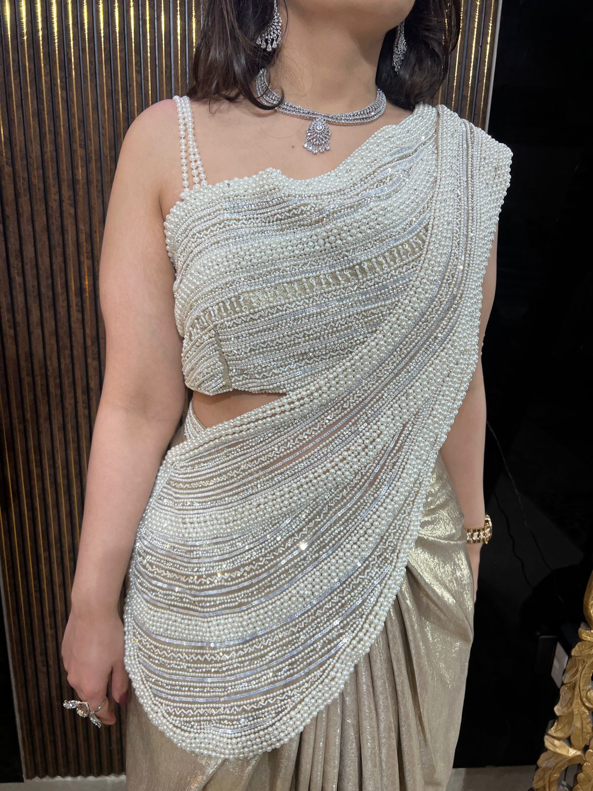 Pearl Golden-Embellished Indo-Western Draped Set AC62