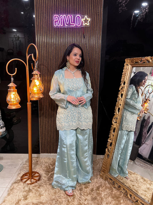 Blue 3 Piece Embroidered Kurta Set with Flowy Palazzo RC468