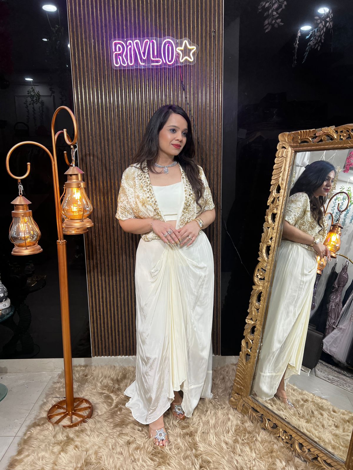 ✨ Ivory With Golden Work Draped Indo-Western Set RC497