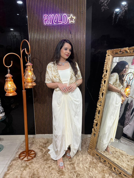 ✨ Ivory With Golden Work Draped Indo-Western Set RC497