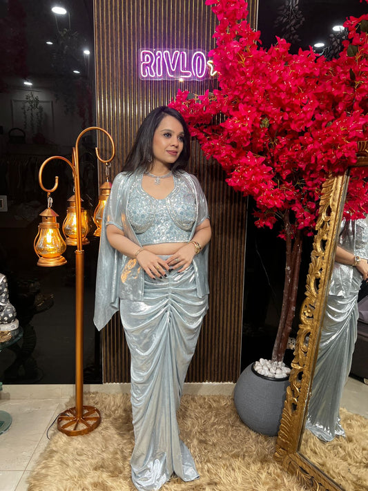 ✨ Moonlight Pink And Blue Drape Saree Set ✨ RC505
