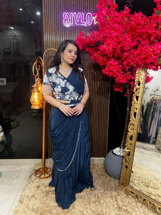 Hot Pink And Blue Glam Drape Saree AC74