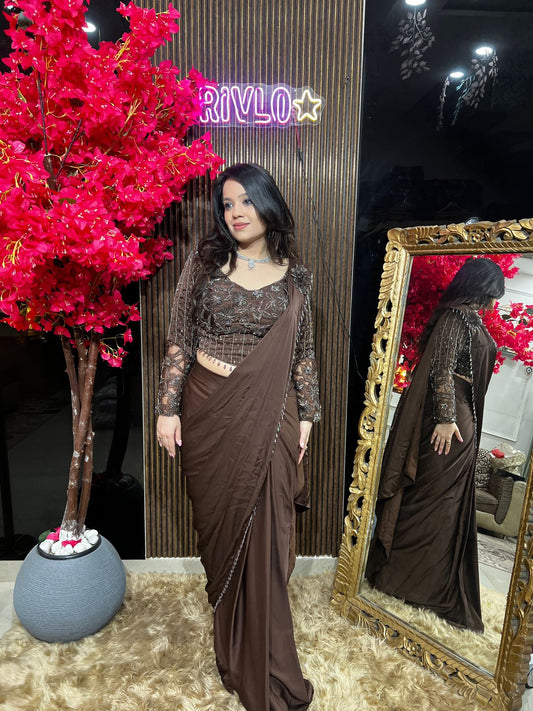 Chocolate Brown Embellished Drape Saree Set RC524