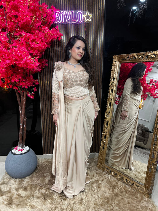 Beige Embellished Drape Saree Set RC526