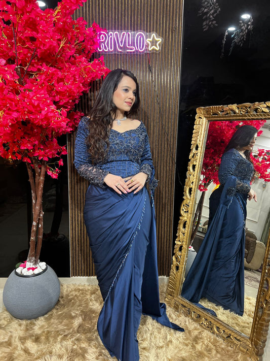 Blue Embellished Drape Saree Set RC525