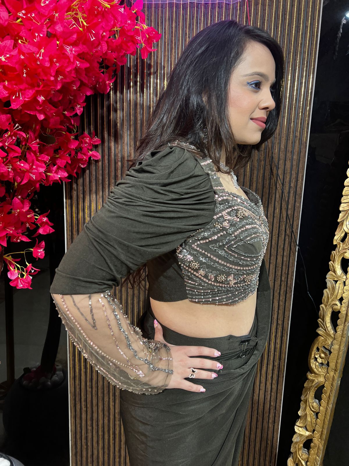 Olive Drape Saree With Sleeves RC523