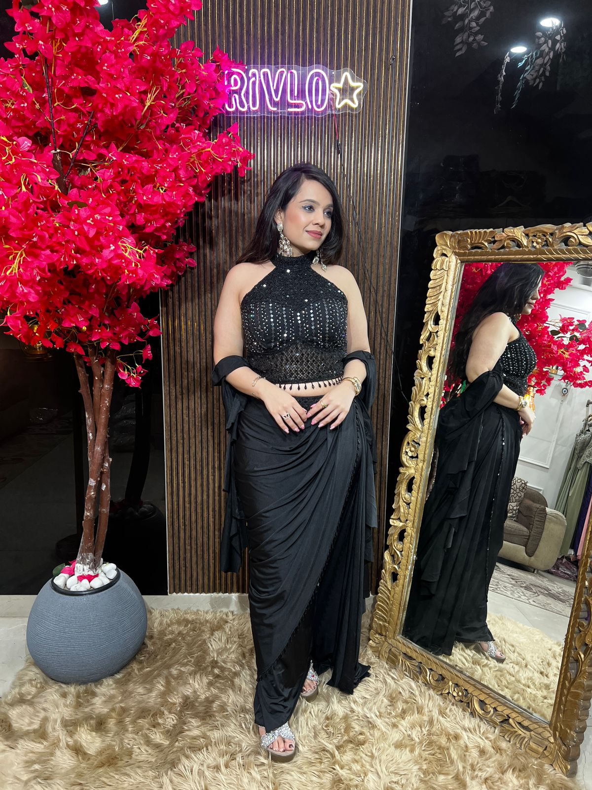 Black,Champagne And Grey Embellished Halter Drape Set RC531