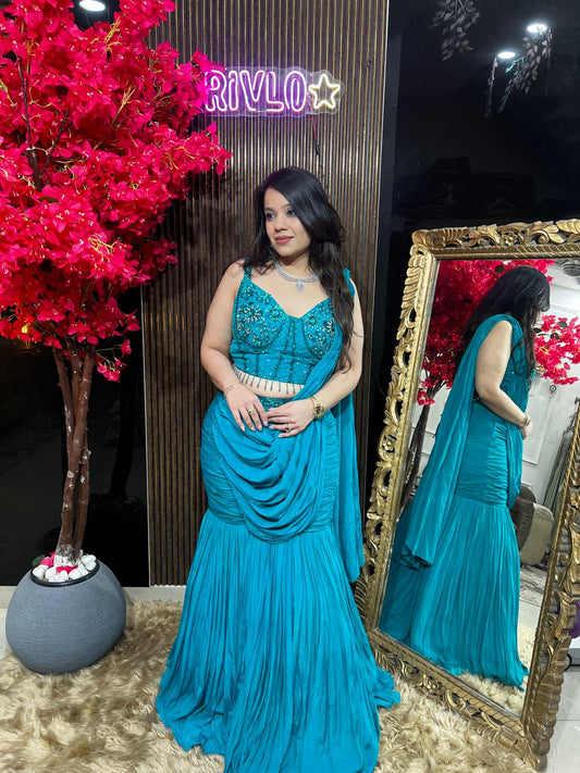 HOT PINK AND TURQUOISE CHINON FISH CUT LEHENGA RC527