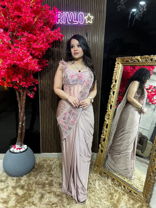 Peach Embroidered Drape Saree Set RC533