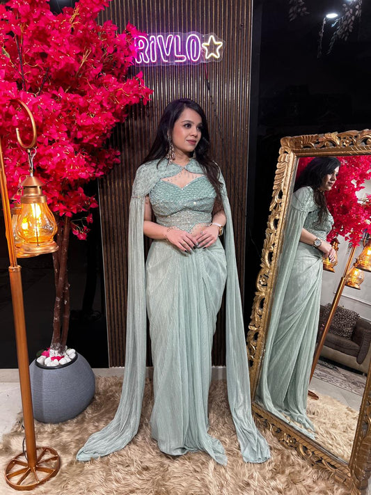 Blush Green And Cocoa Embellished Drape Set ✨ RC544