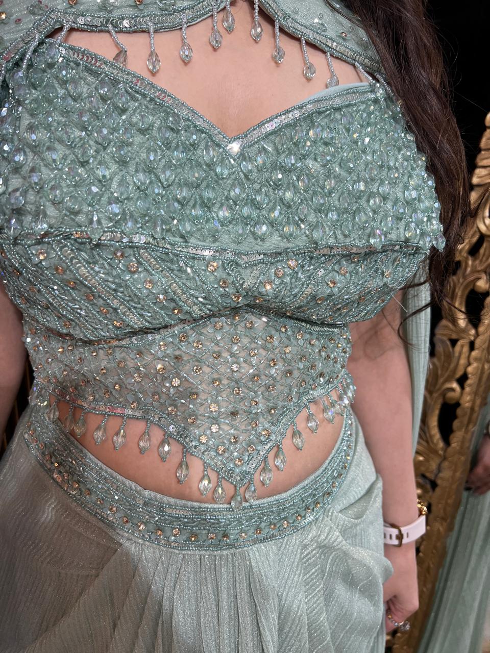 Blush Green And Cocoa Embellished Drape Set ✨ RC544