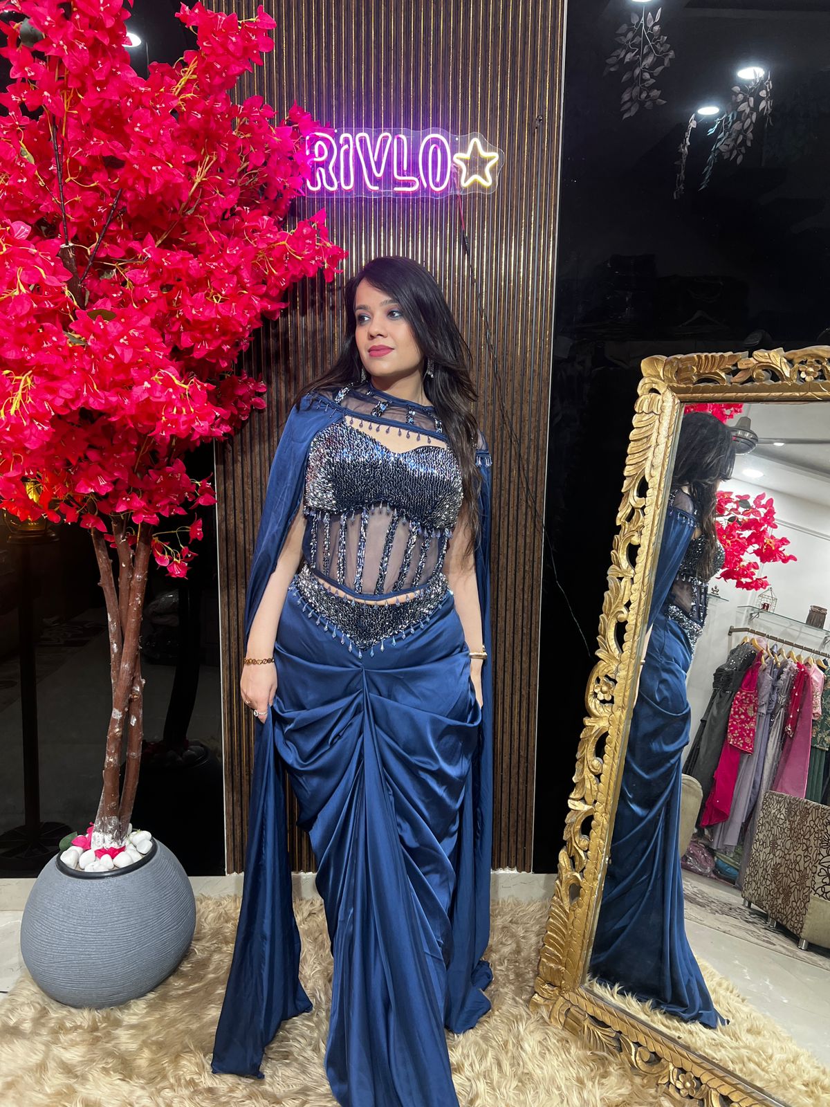 Noir Black, Cocoa and Blue Corset Drape Saree π€β¨ RC551