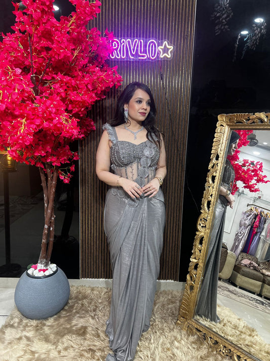 Green Grey & Rose Gold Embellished Drape Saree Set RC559