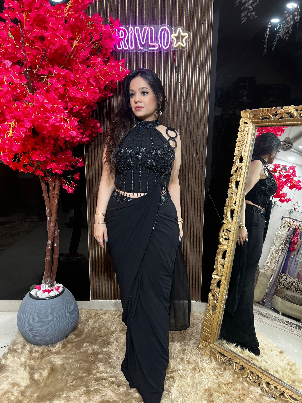 Cocoa and Black Embellished Halter Drape Set RC563