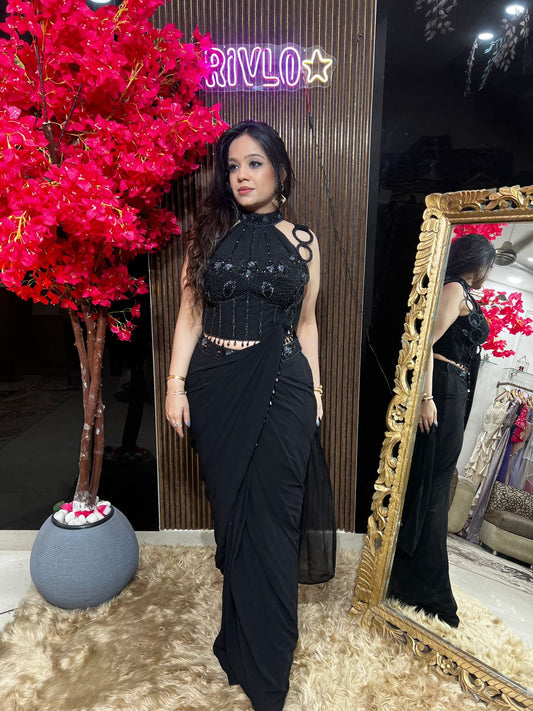 Cocoa and Black Embellished Halter Drape Set RC563