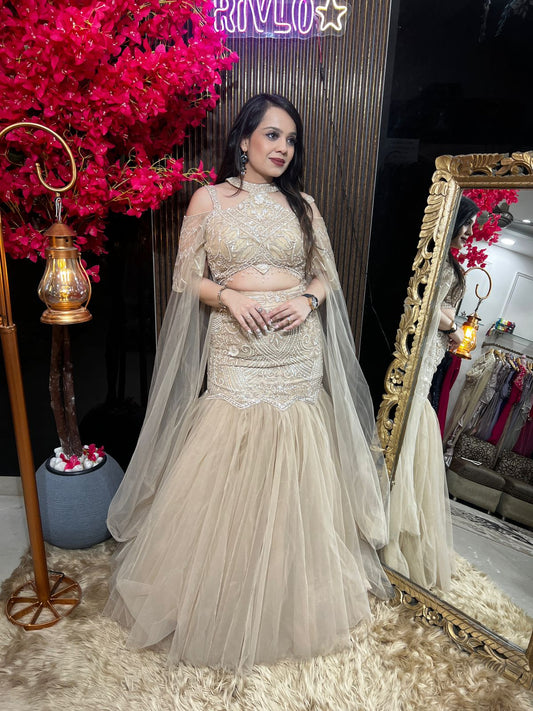Beige Embroidered Lehenga Set with Statement Blouse RC572