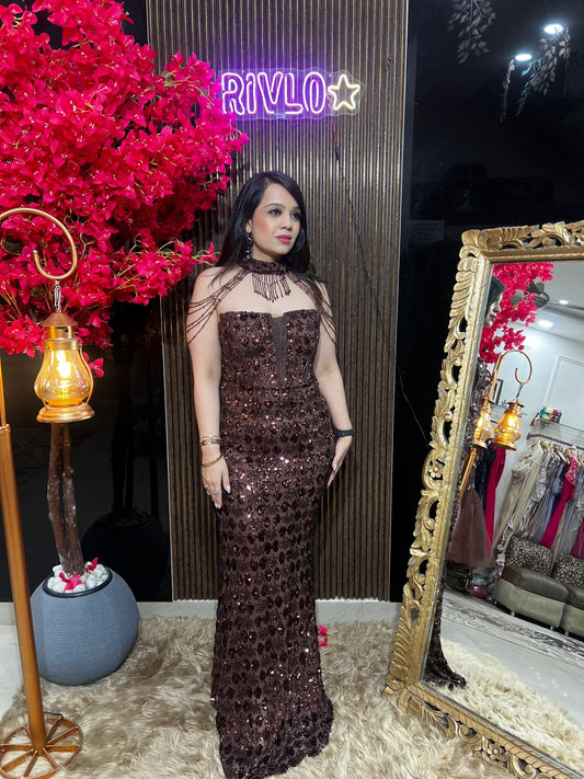 🌙Brwon Sequined Draped Gown With Neck Piece 🌙🌙 WC41
