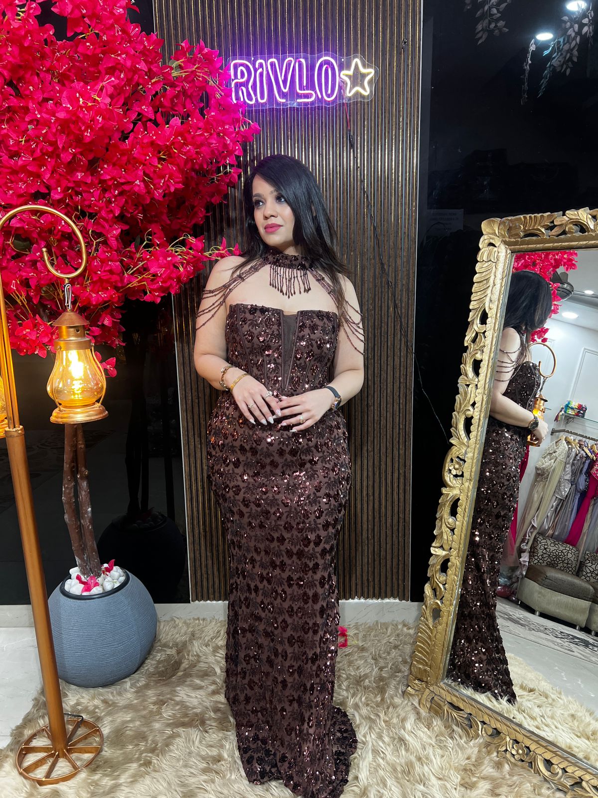 πBrwon Sequined Draped Gown With Neck Piece ππ WC41