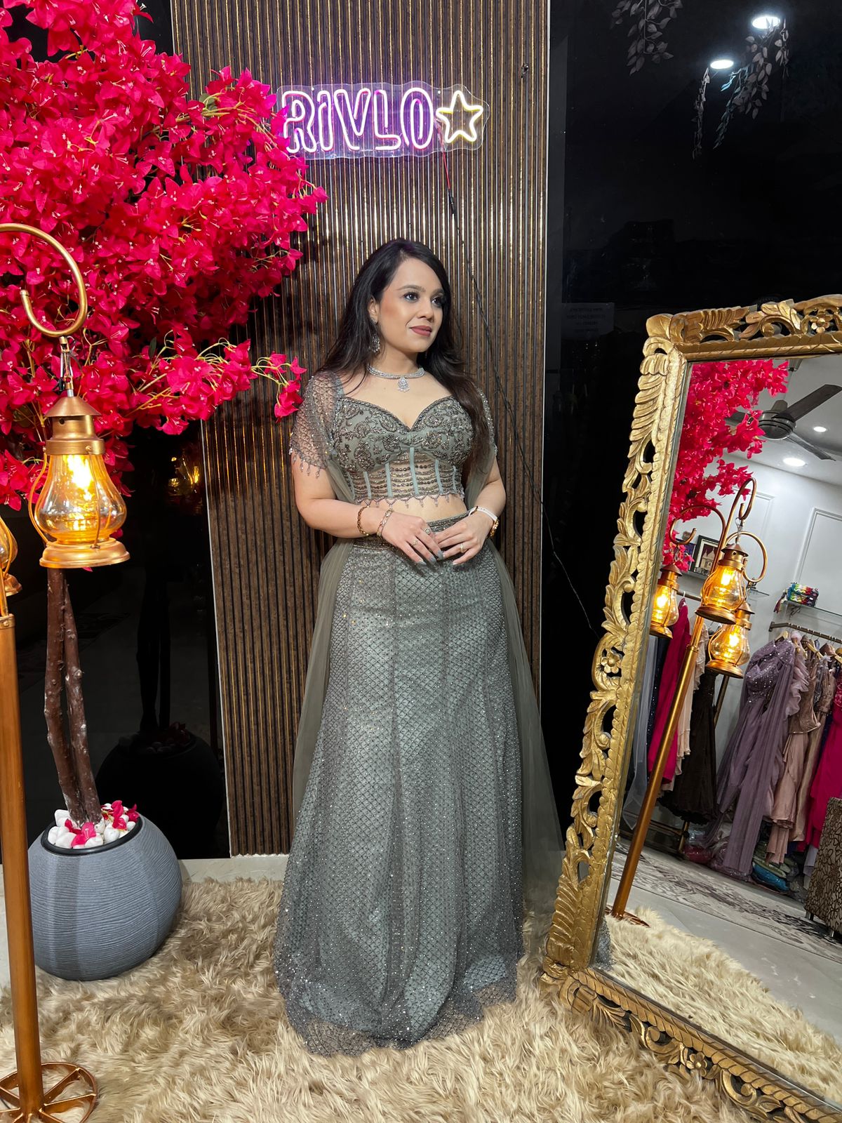 Grey and Powder Blue Cape Embellished Drape Set ✨ RC595