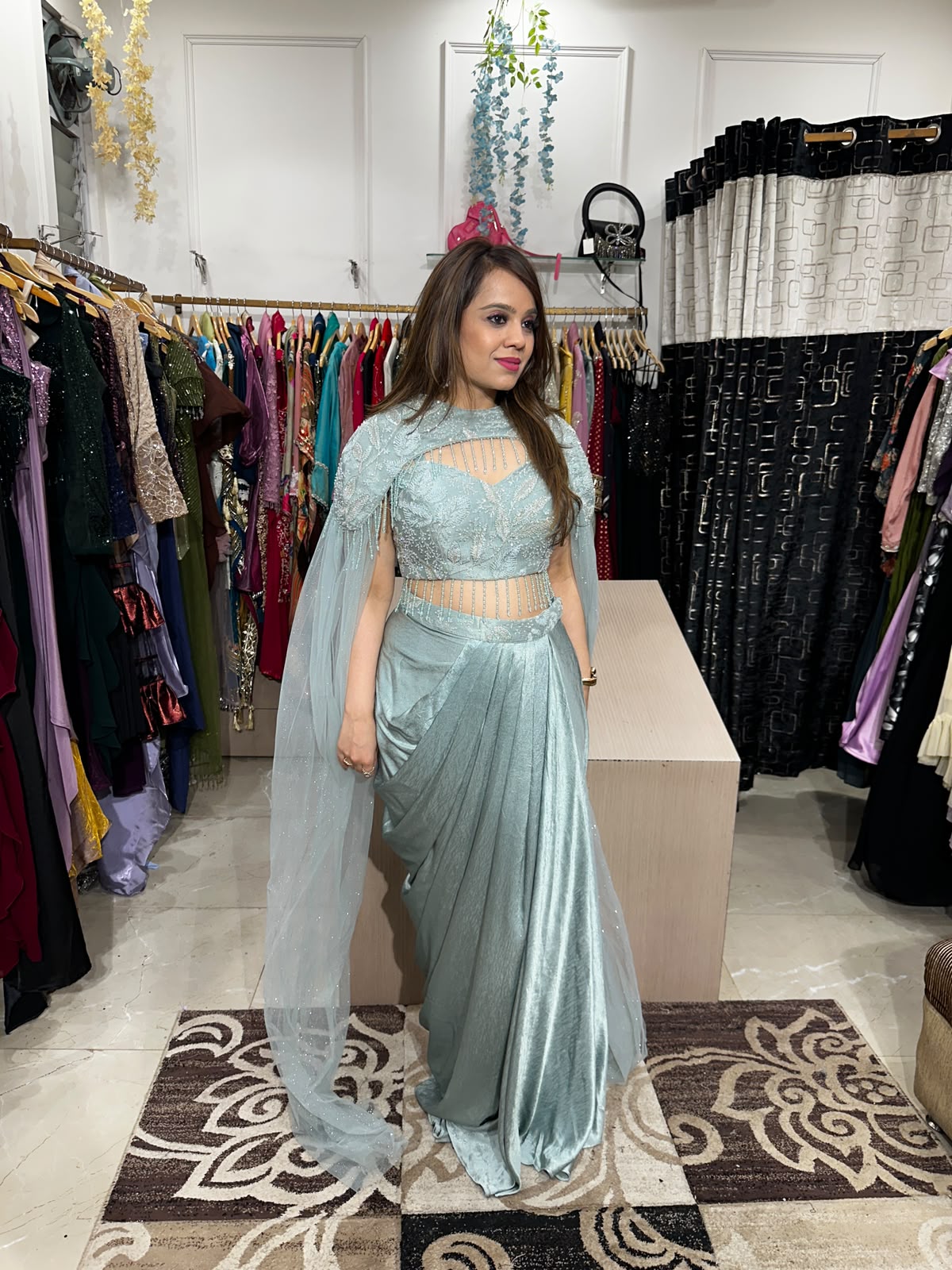 Green Pearl Cape Drape Saree Set RC609