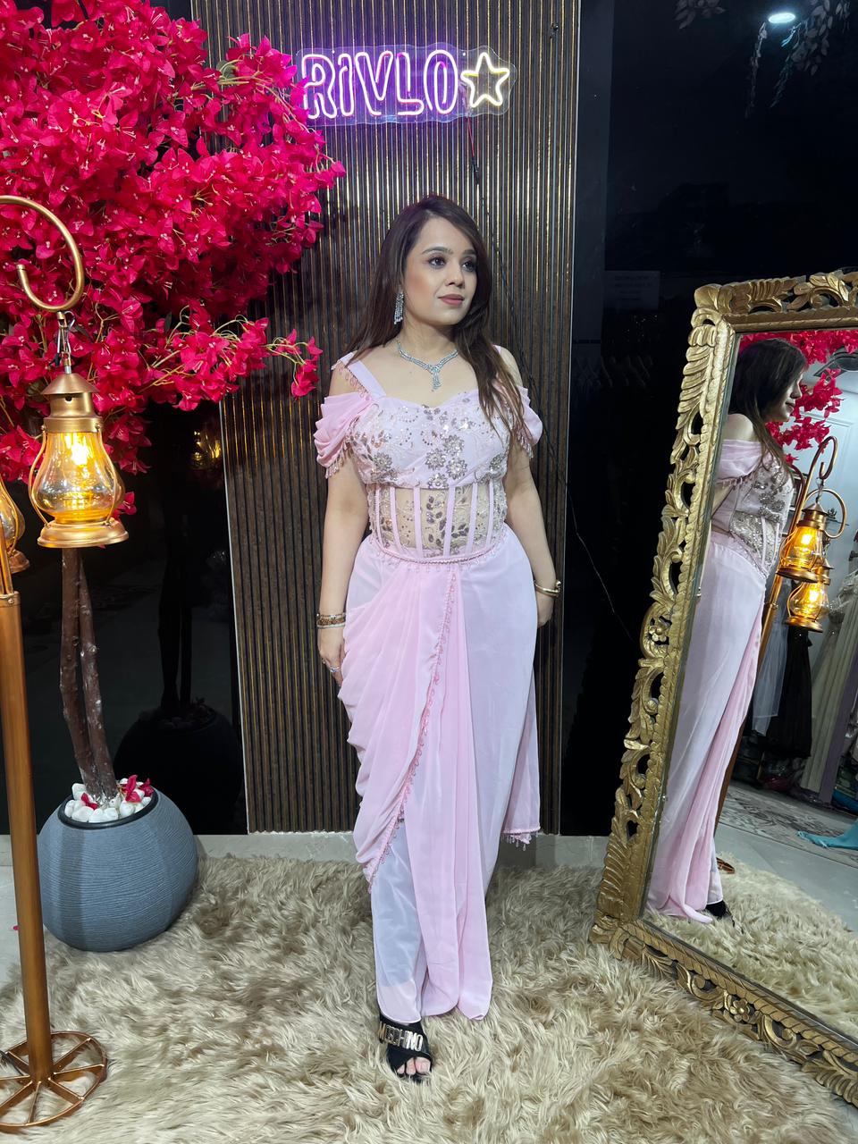 Baby Pink, Fucia & Blue Ruffle Drape Saree RC610