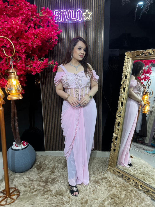 Baby Pink, Fucia & Blue Ruffle Drape Saree RC610
