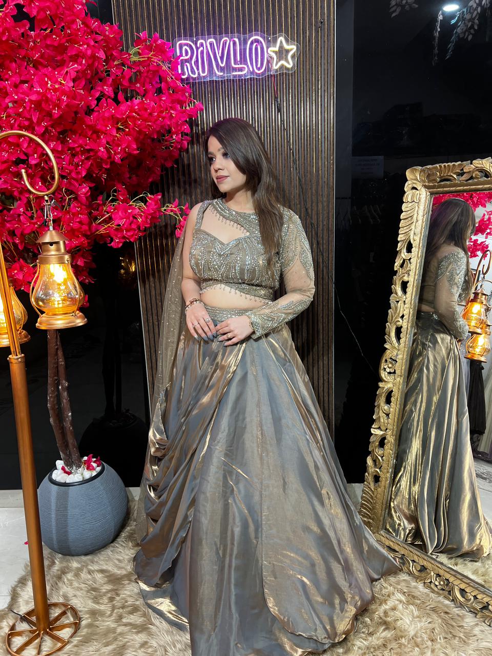 Copper Metallic Taupe Drape Lehenga Set AC100