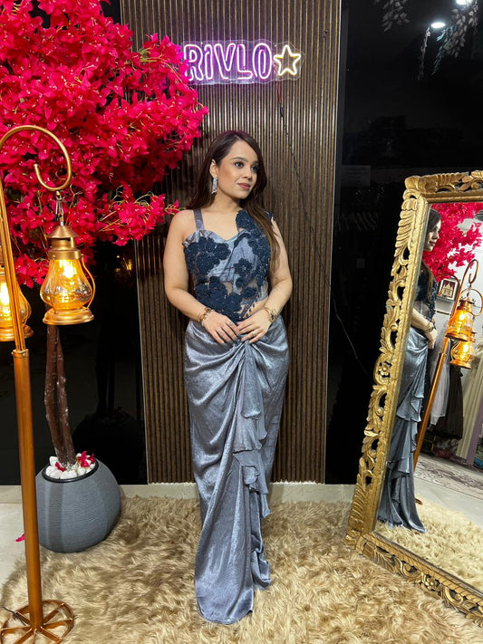 Gold & Greyish Blue EMBLISHED DRAPE RC611