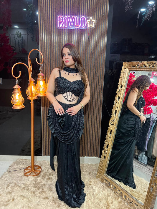 Black Drape Sequin Indo Saree AC107