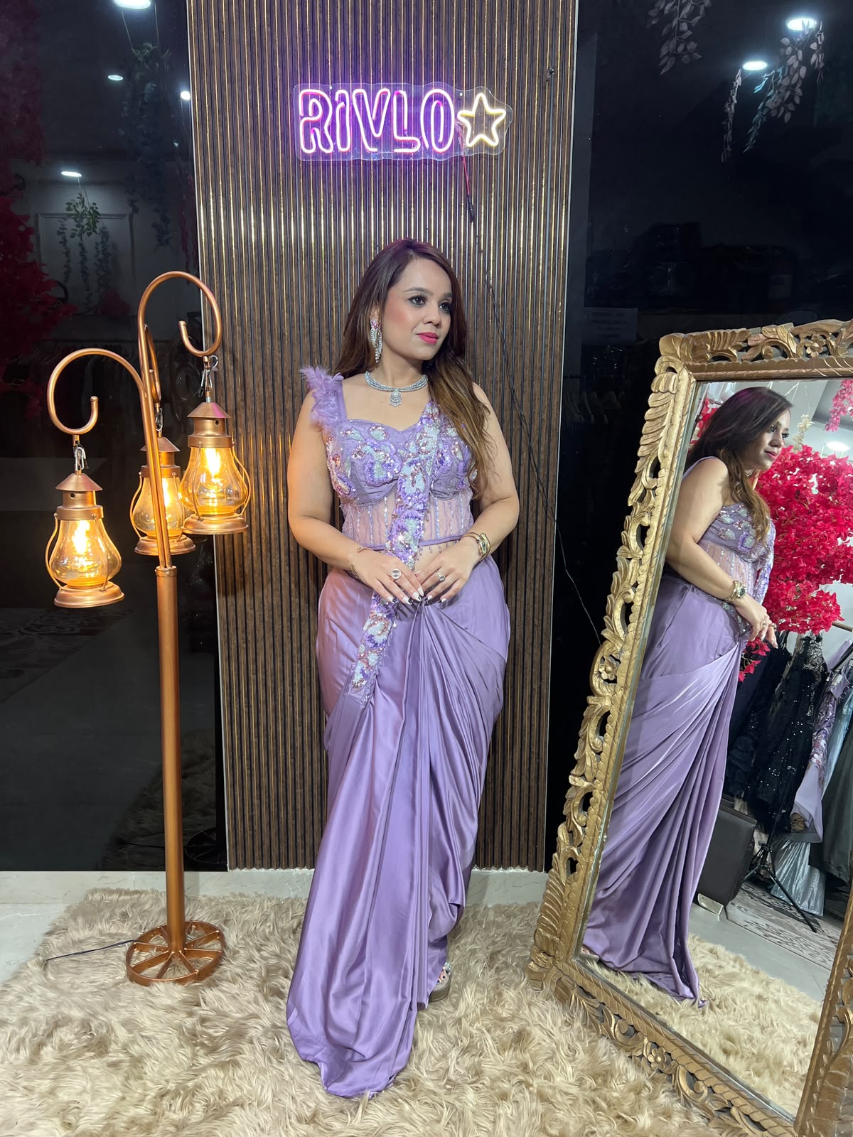 Lavender Heavy work drape with guitar dupatta RC620