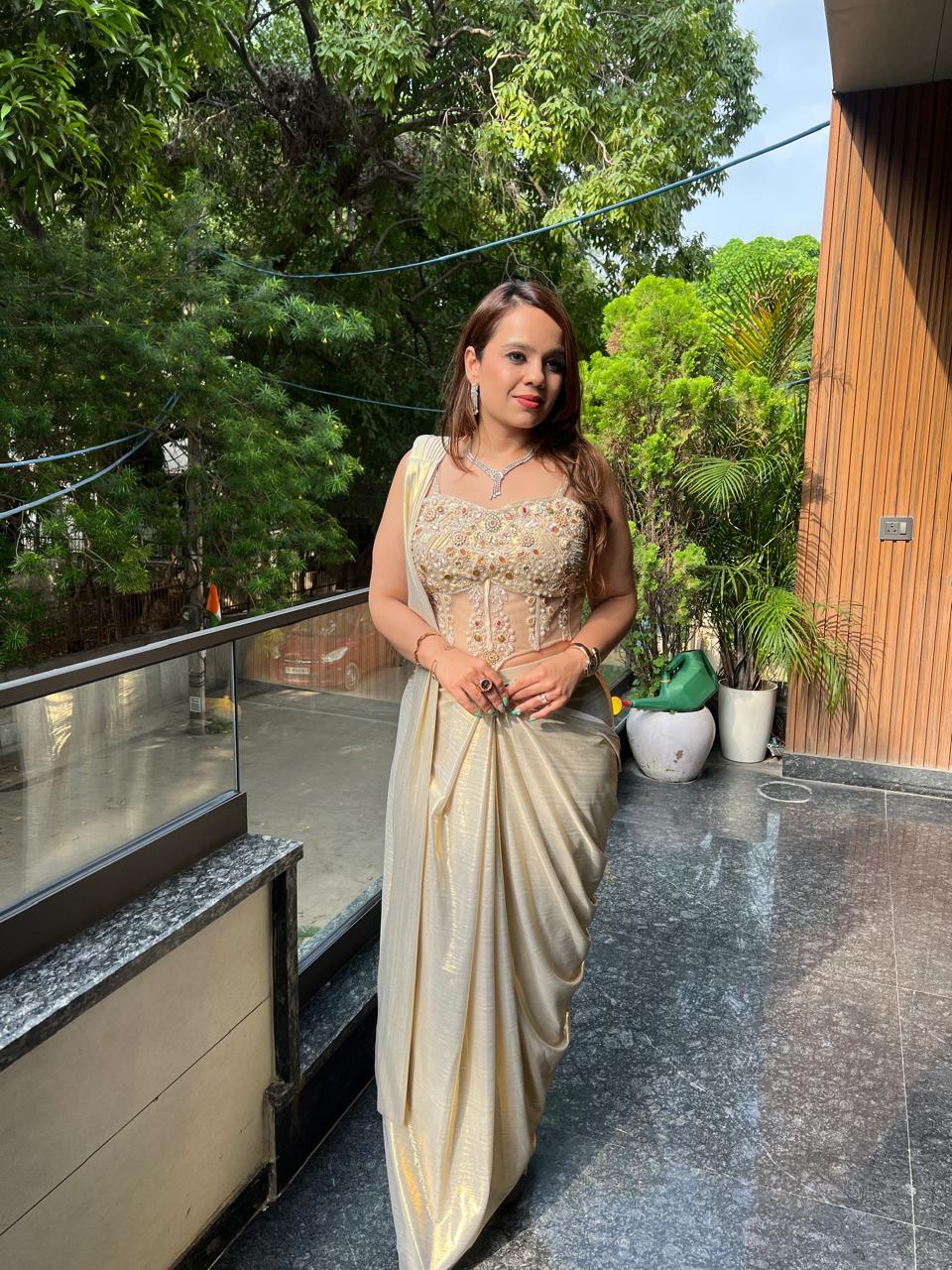 Champagne Royale Muti Embellished Drape Saree AC108