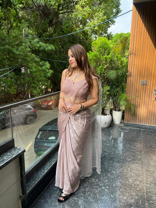 Rose Pink Draped Saree Set AC112