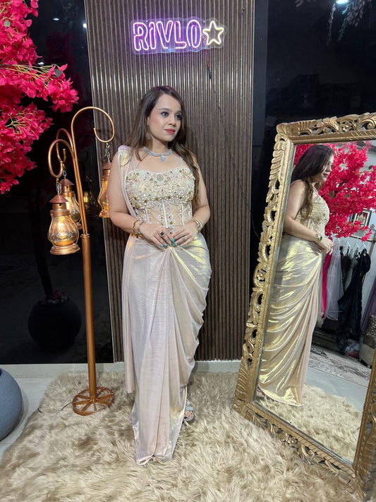 Rose Gold Royale Muti Embellished Drape Saree AC109