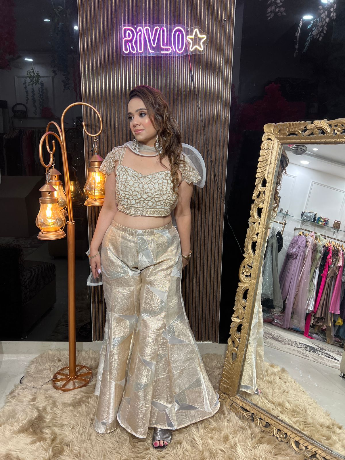 Gold Two Tone Palazzo Set with spiral dupatta RC636