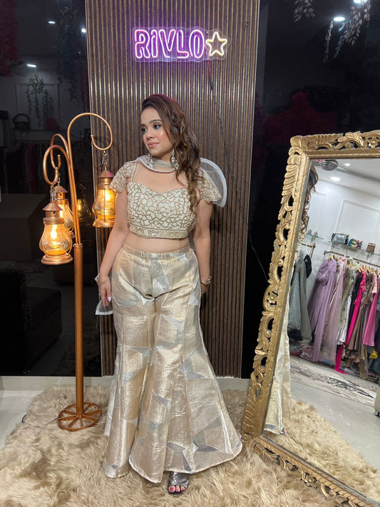 Gold Two Tone Palazzo Set with spiral dupatta RC636
