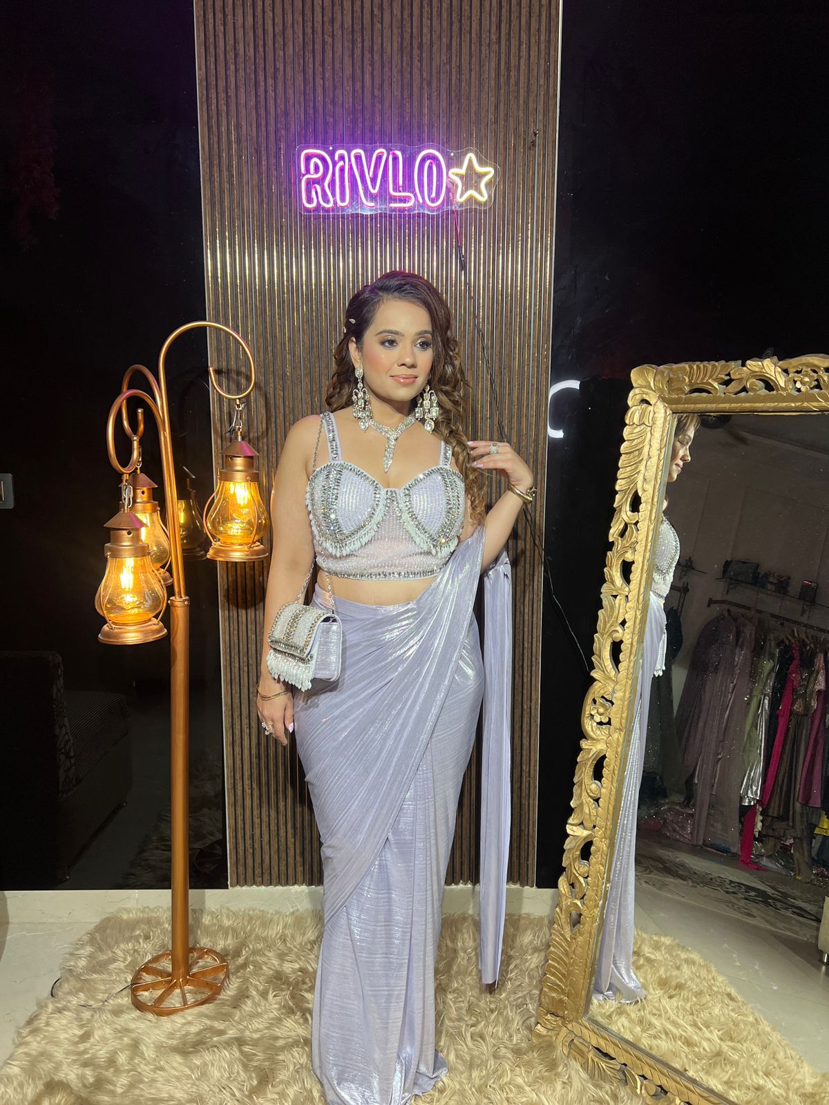 Lavender Shimmer Drape Saree With Stylish Bag AC115