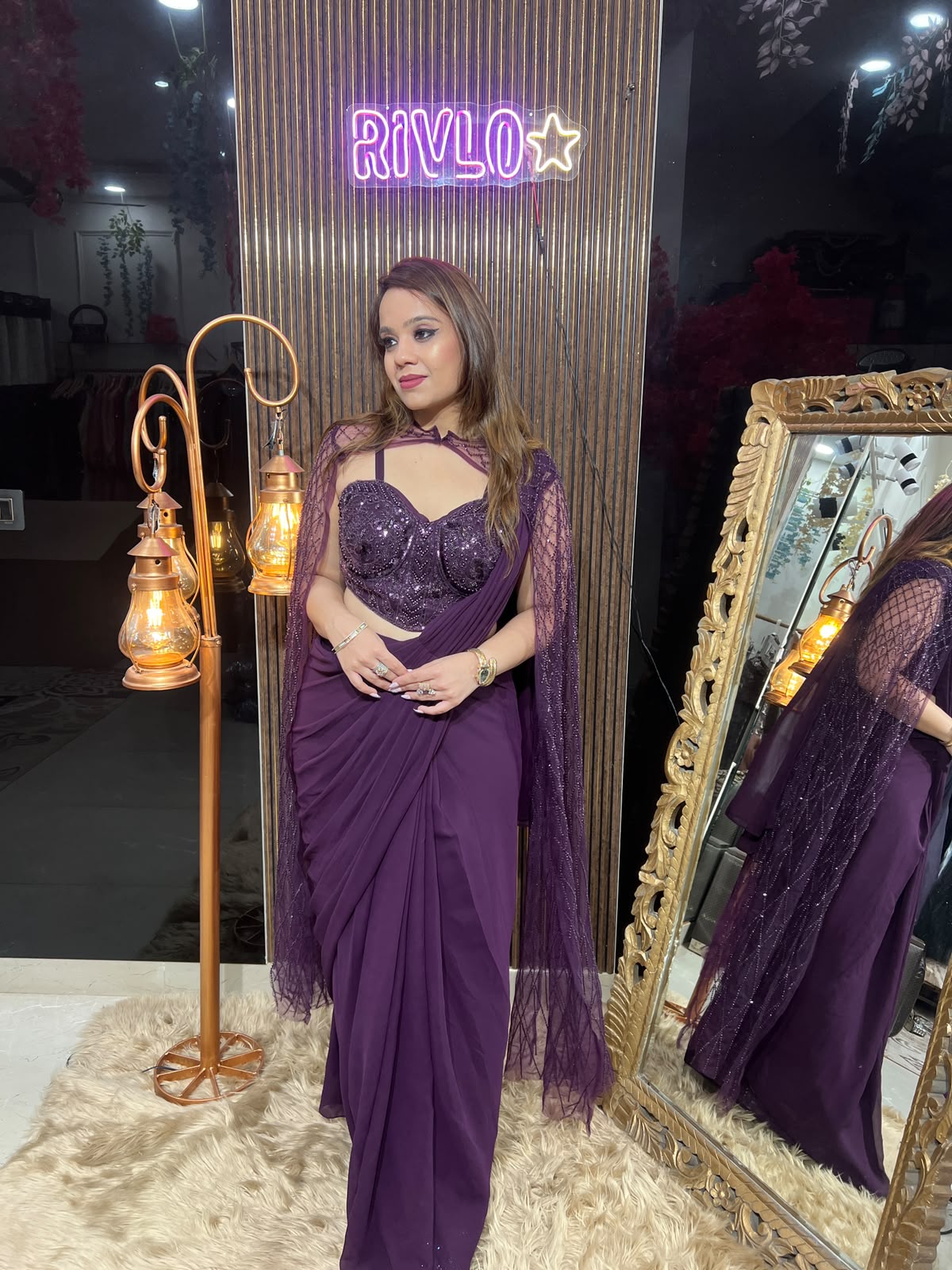 Midnight Plum N Black Drape Saree RC644