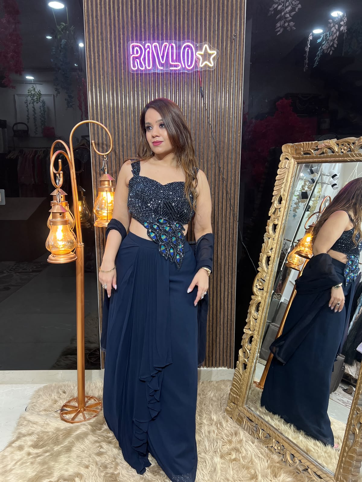 Midnight Blue & Black Peacock Embellished 3 piece skirt set RC646