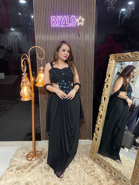 Midnight Blue & Black Peacock Embellished 3 piece skirt set RC646
