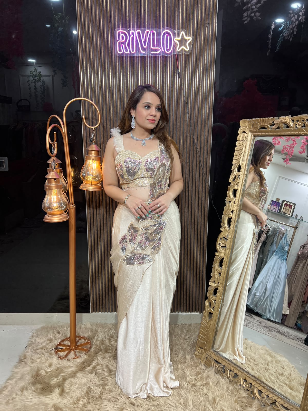 Ivory Sequin Drape Saree RC657