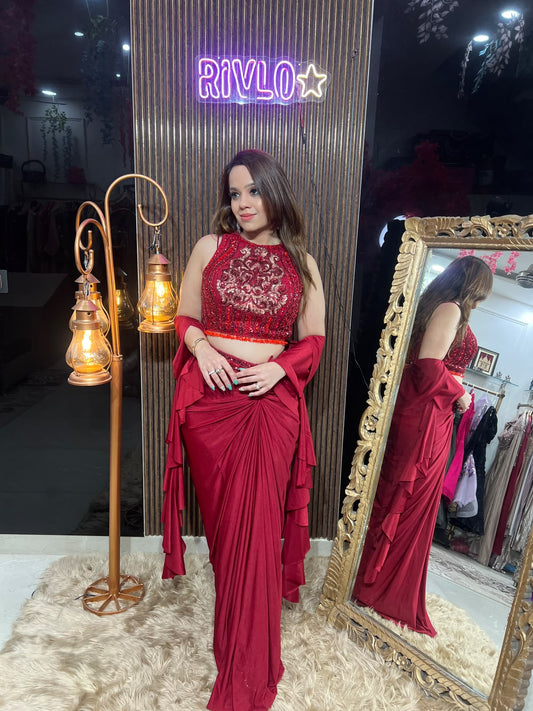 Ruby Embellished Golden Work Draped Saree Set RC662