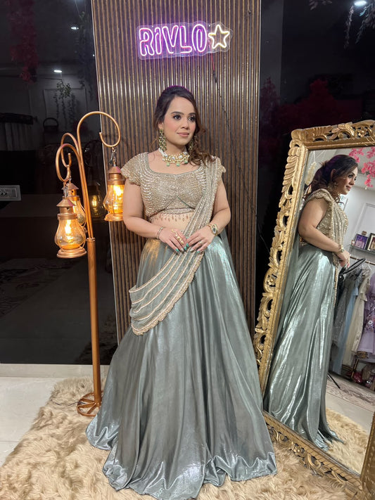 Green Drape Crop Top Lehenga Set AC129