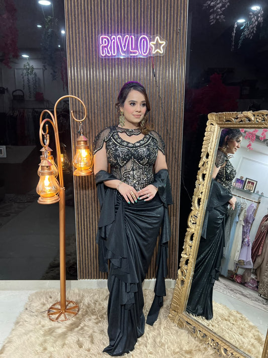 Noir Luxe Cape Saree with Embellished Blouse AC132