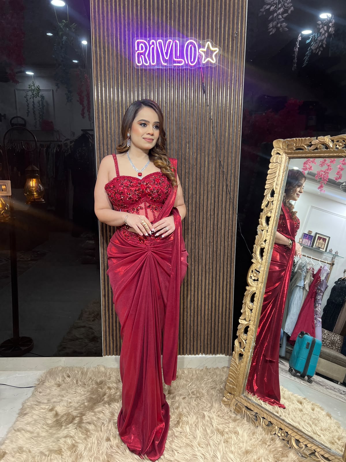 Ruby Radiance & Black Heavy Blouse Draped Saree RC674