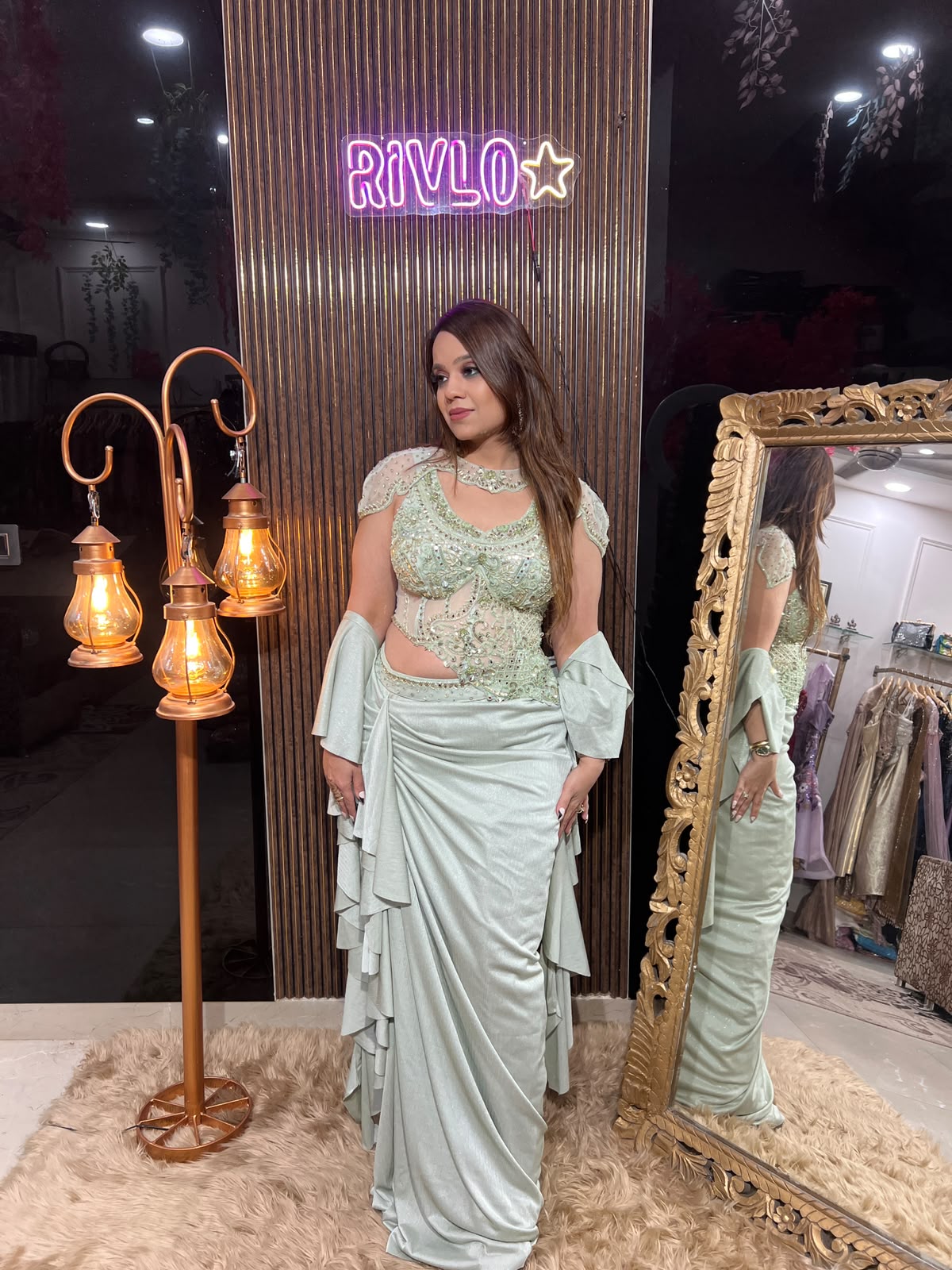 Mint & Ivory Luxe – Embellished Indo-Western Cape Set AC139